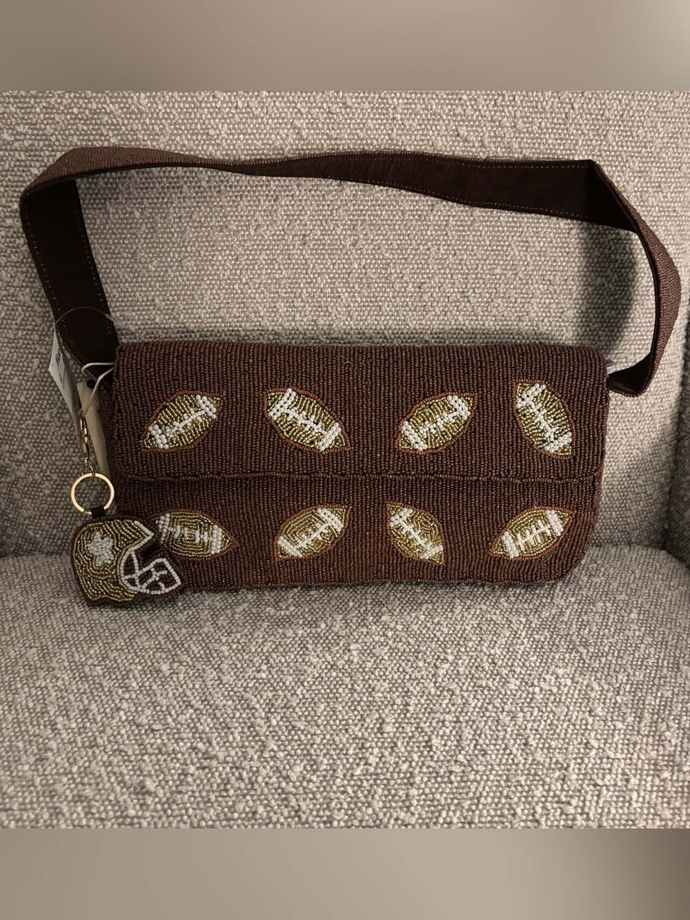 Brown Beaded Football Motif Shoulder Bag